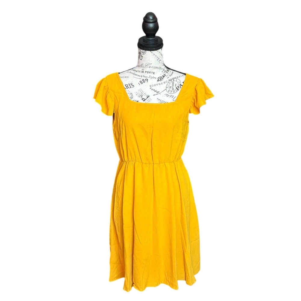 SHEIN Mustard Yellow Flutter Sleeve Square Neck Elastic‎ Waist A-Line Dress Sz M